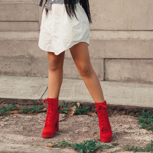 Just In Red Lace Up Faux Suede Booties - Picture 3 of 4